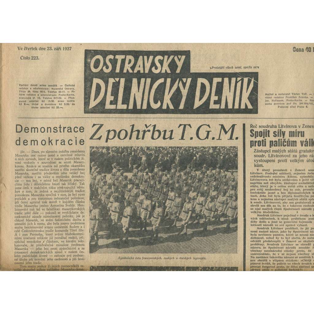 Ostravský dělnický deník, ročník 223 (23.9.1937) - 1. republika, staré noviny - Ostrava (T. G. Masaryk)