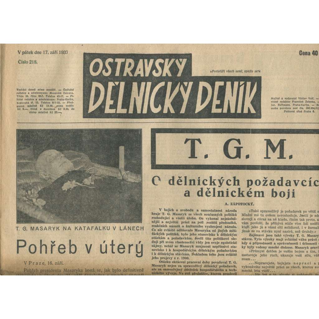 Ostravský dělnický deník, ročník 218 (17.9.1937) - 1. republika, staré noviny - Ostrava (T. G. Masaryk)