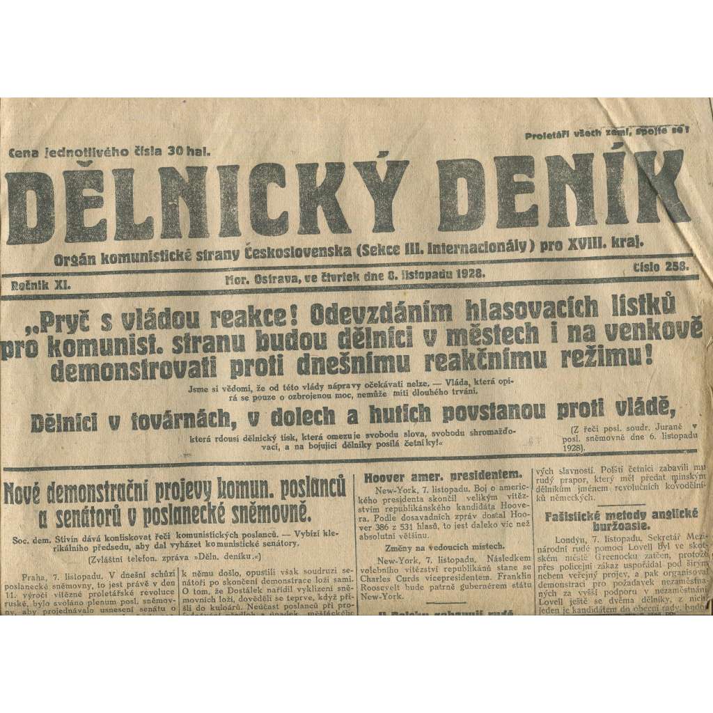 Dělnický deník, ročník XI., číslo 258/1928 (1. republika, staré noviny, komunistická literatura) - Ostrava