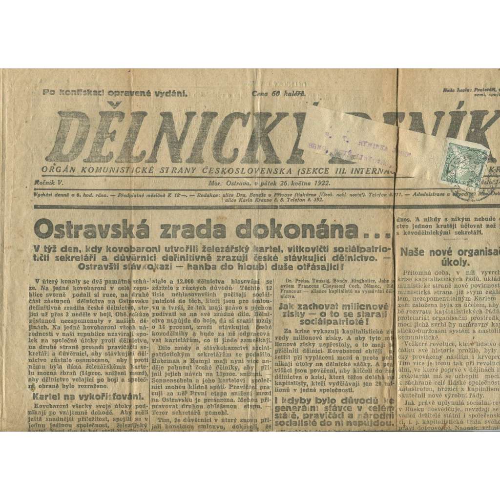 Dělnický deník, ročník V., číslo 140/1922 (1. republika, staré noviny, komunistická literatura) - Ostrava
