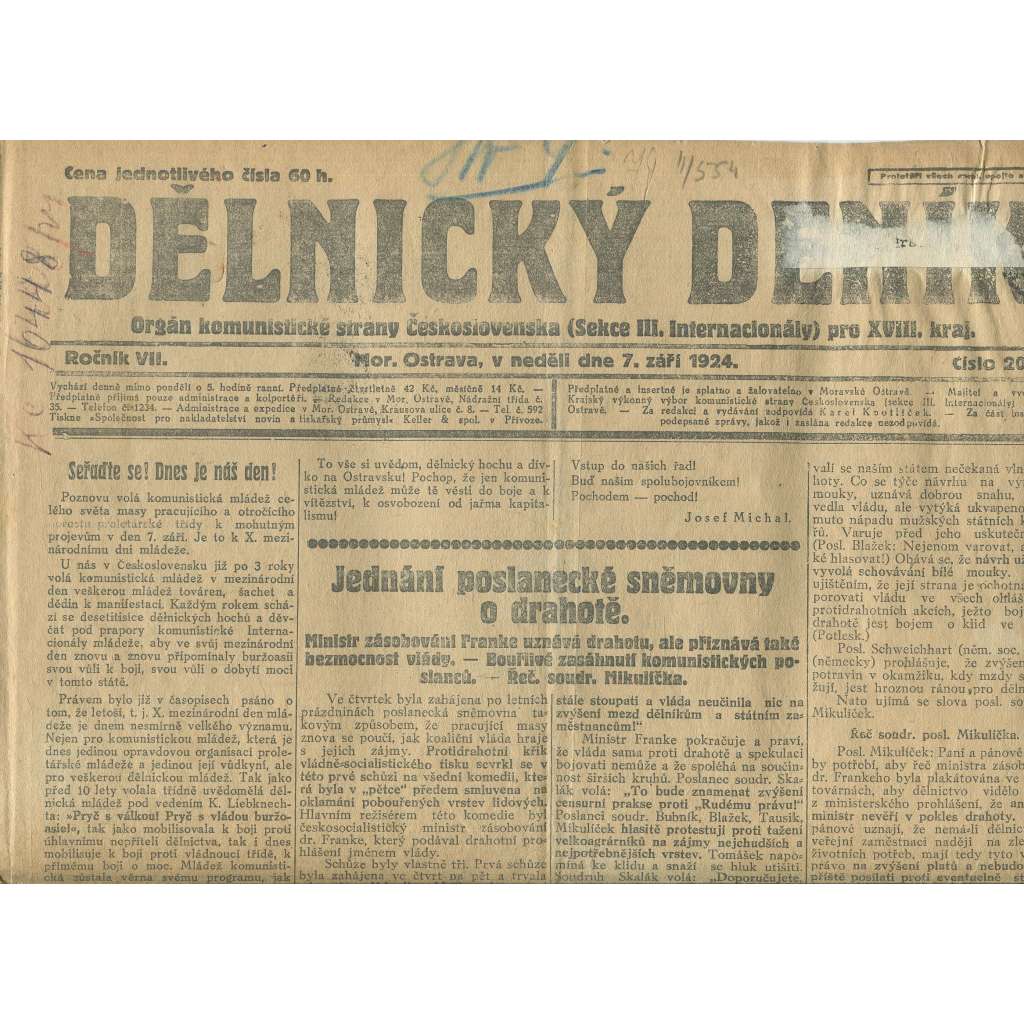 Dělnický deník, ročník VII., číslo 207/1924 (1. republika, staré noviny, komunistická literatura) - Ostrava