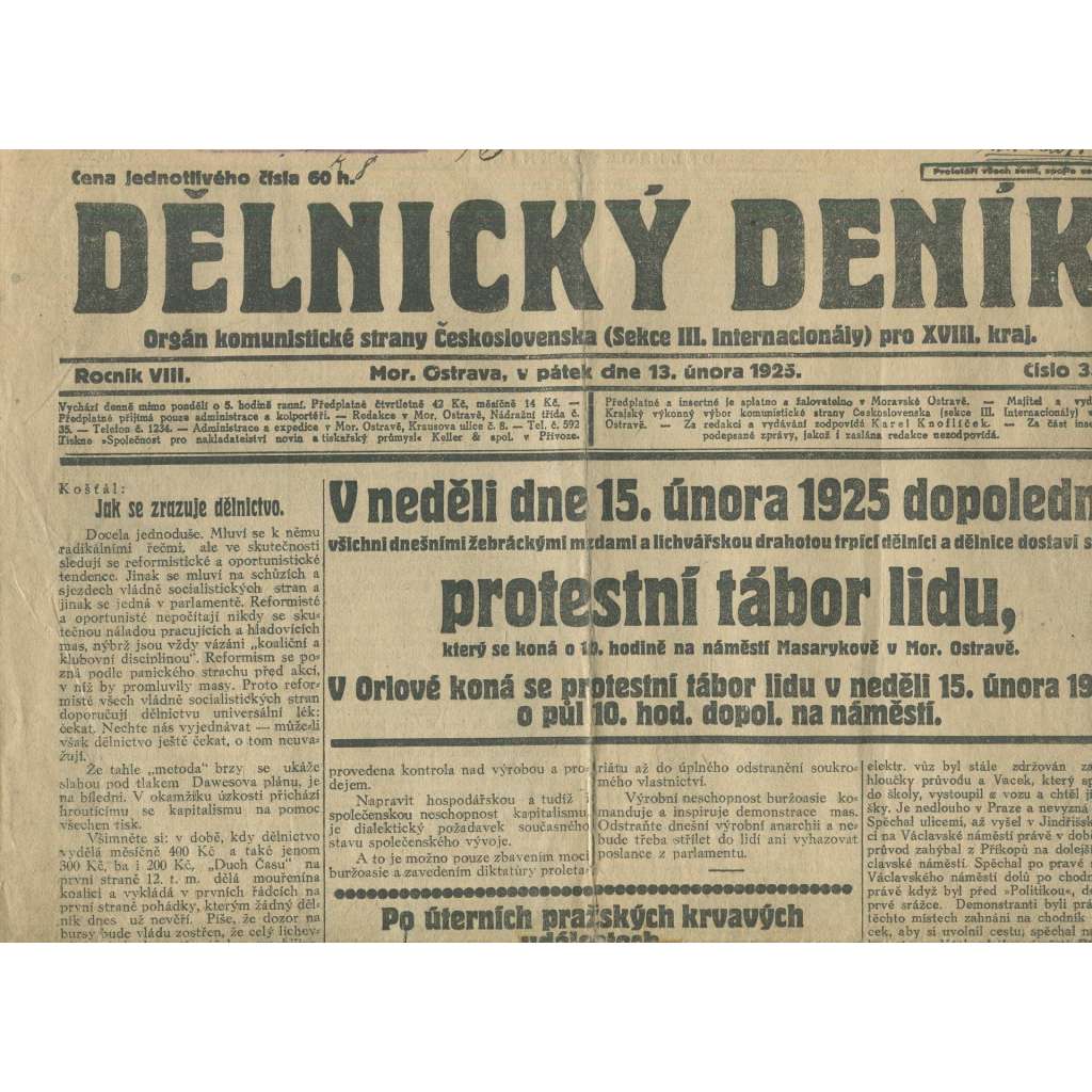Dělnický deník, ročník VIII., číslo 35/1925 (1. republika, staré noviny, komunistická literatura) - Ostrava