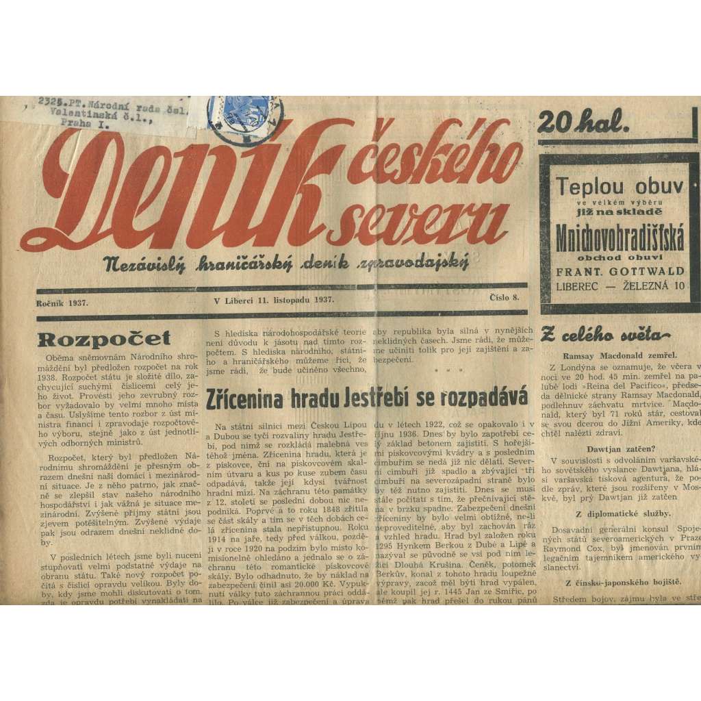 Deník českého severu, číslo 8/1937. Nezávislý hraničářský deník zpravodajský (1. republika, noviny)