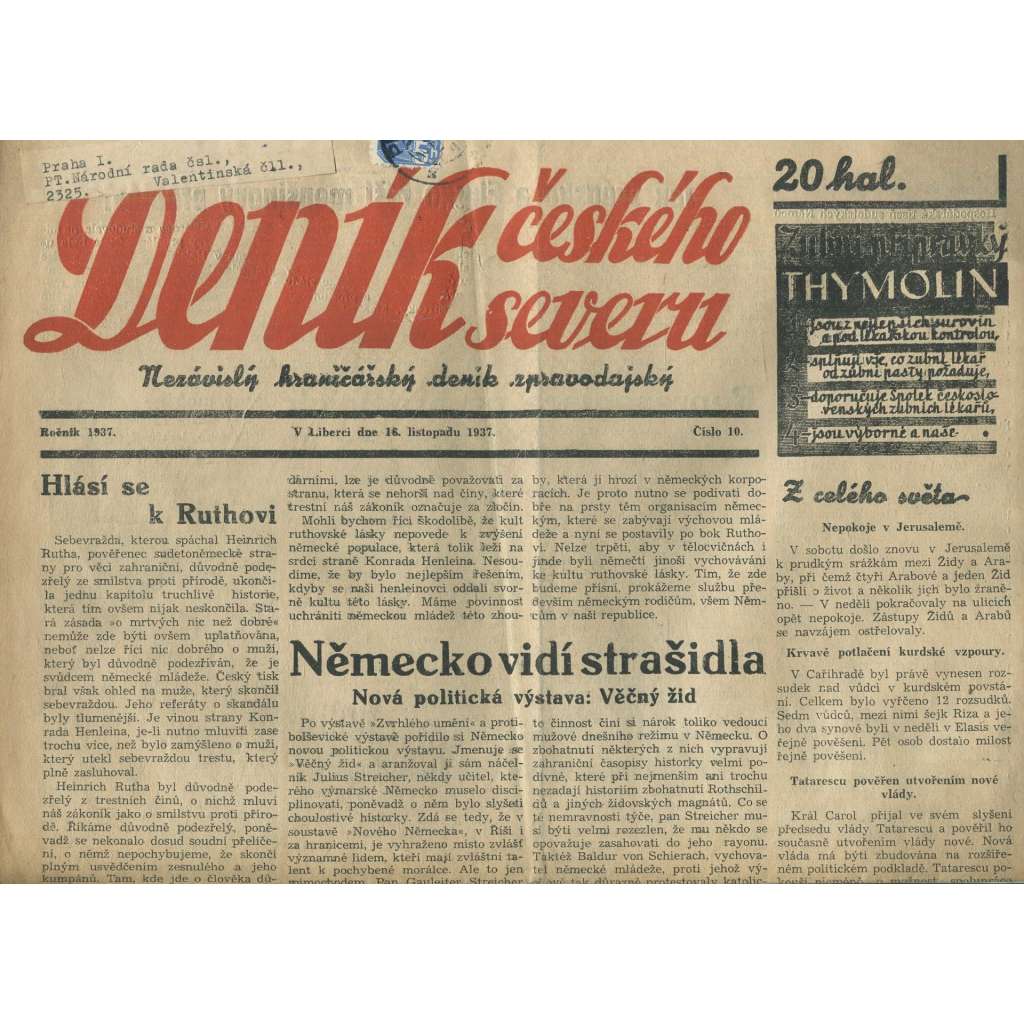 Deník českého severu, číslo 10/1937. Nezávislý hraničářský deník zpravodajský (1. republika, noviny)