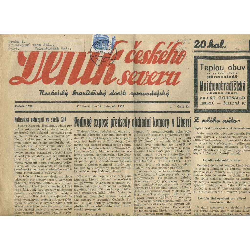 Deník českého severu, číslo 12/1937. Nezávislý hraničářský deník zpravodajský (1. republika, noviny)