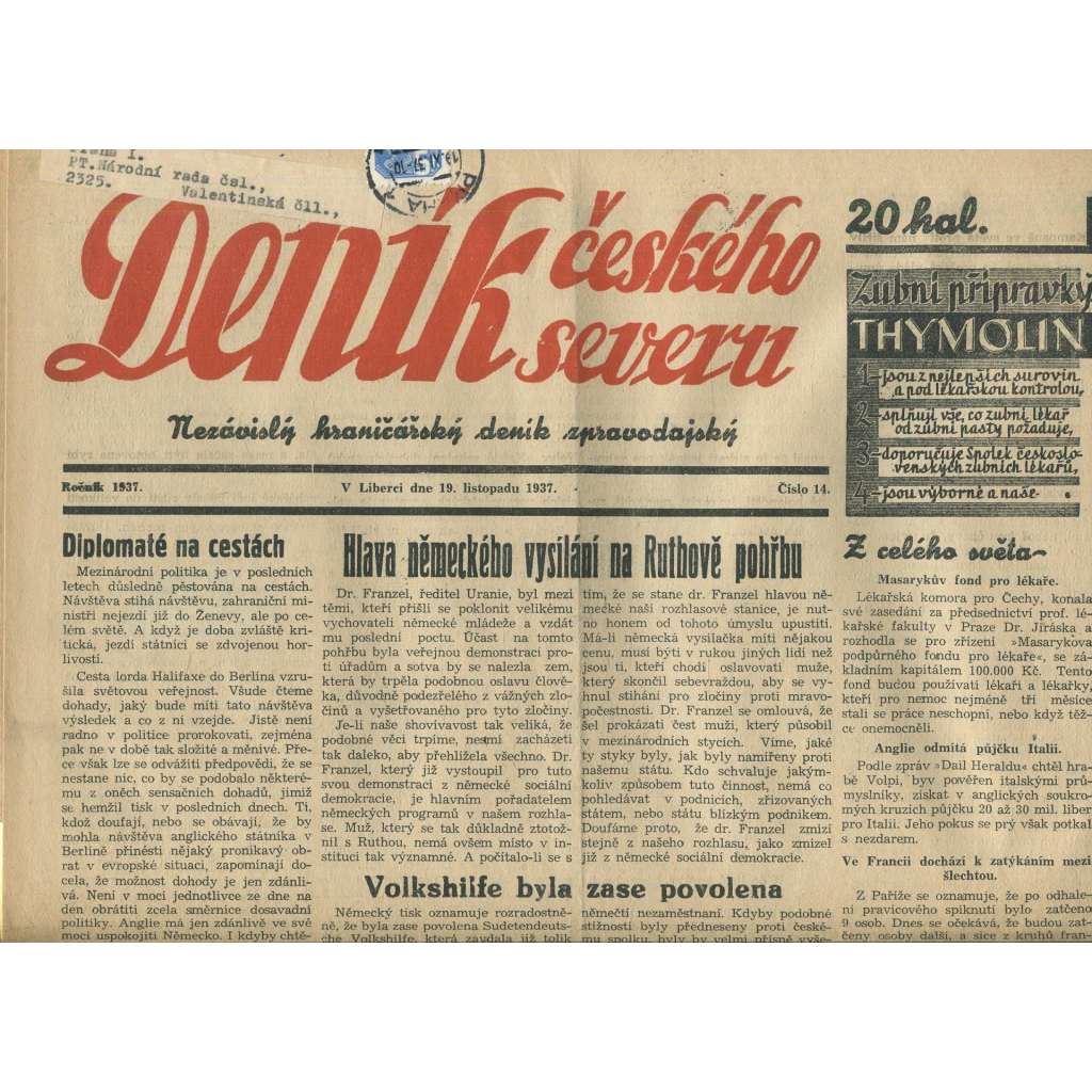 Deník českého severu, číslo 14/1937. Nezávislý hraničářský deník zpravodajský (1. republika, noviny)