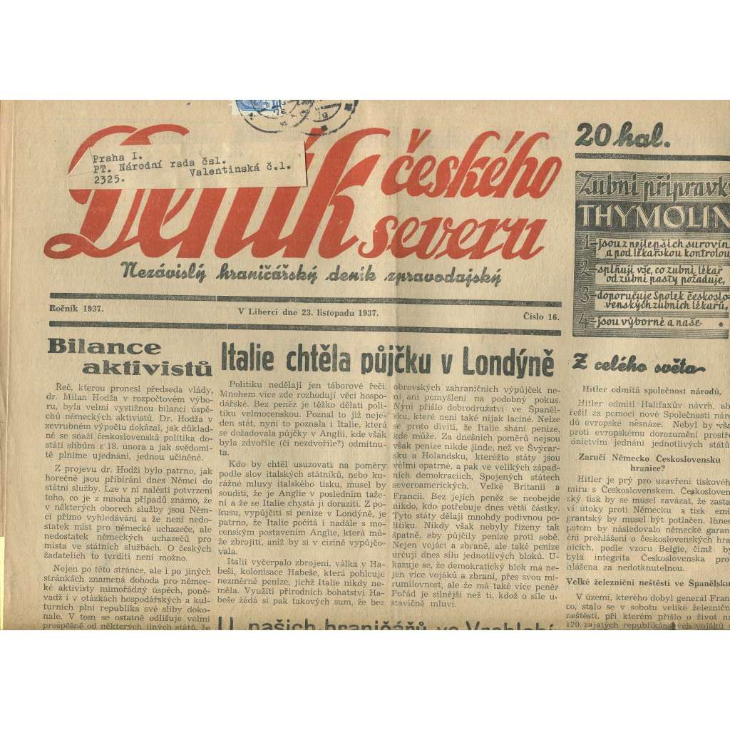 Deník českého severu, číslo 16/1937. Nezávislý hraničářský deník zpravodajský (1. republika, noviny)