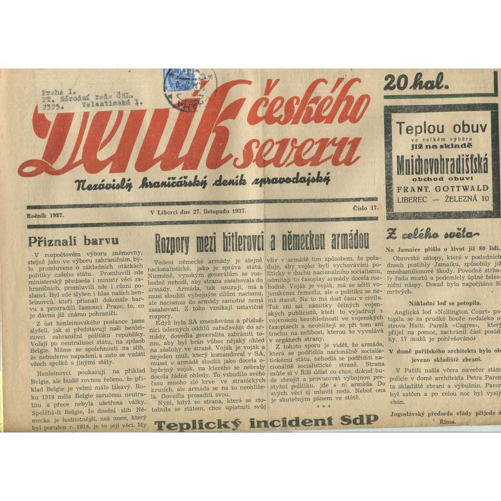 Deník českého severu, číslo 18/1937. Nezávislý hraničářský deník zpravodajský (1. republika, noviny)