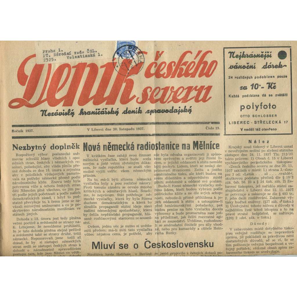 Deník českého severu, číslo 19/1937. Nezávislý hraničářský deník zpravodajský (1. republika, noviny)