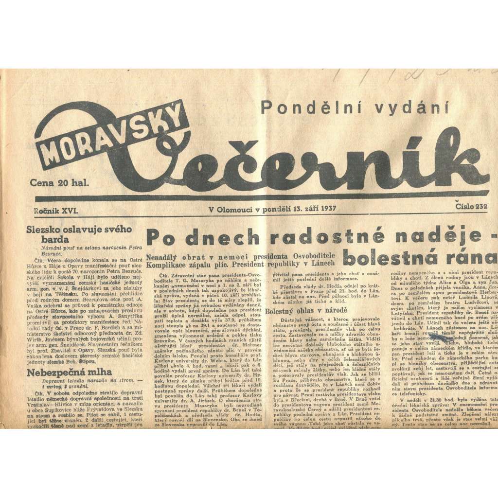 Moravský večerník, ročník XVI., číslo 232/1937 (1. republika, noviny)