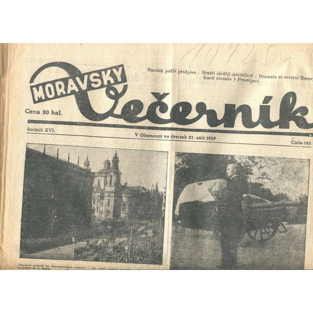 Moravský večerník, ročník XVI., číslo 242/1937 (1. republika, noviny) - T. G. Masaryk