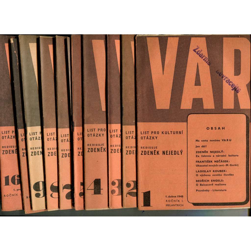 VAR, ročník I., čísla 1-9, 14 a 16-17/1948. List pro kulturní otázky
