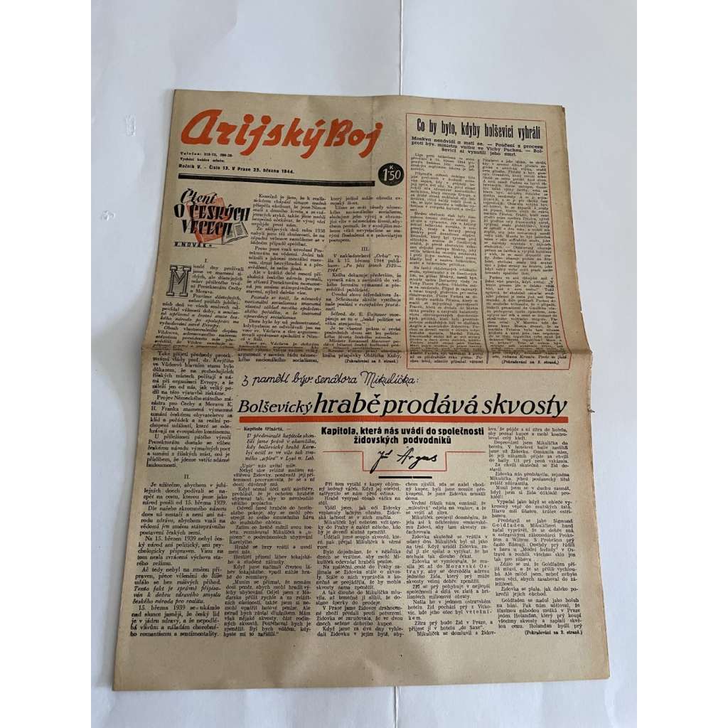Arijský boj, ročník V., číslo 13/1944 - Ústřední list protižidovské ligy [časopis kolaborantů, nacismus, antisemitismus, protižidovské, Židé]