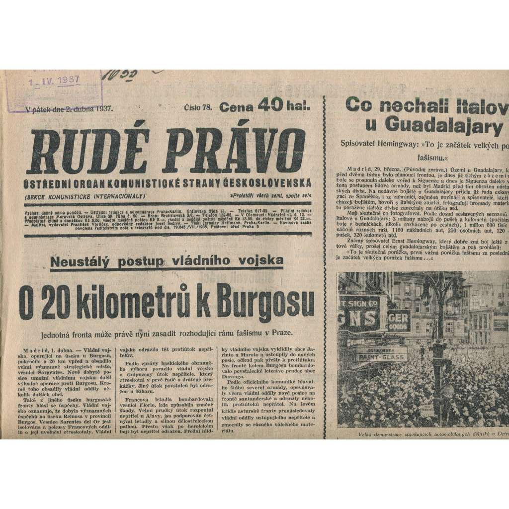Rudé právo (2.4.1937) - 1. republika, staré noviny