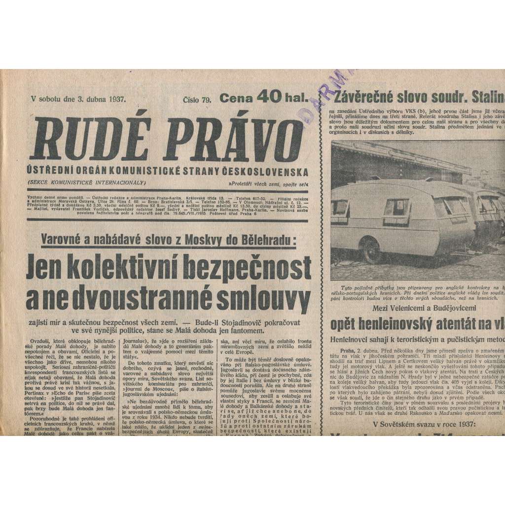 Rudé právo (3.4.1937) - 1. republika, staré noviny
