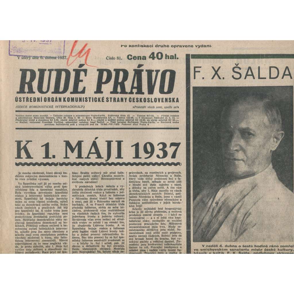Rudé právo (6.4.1937) - 1. republika, staré noviny