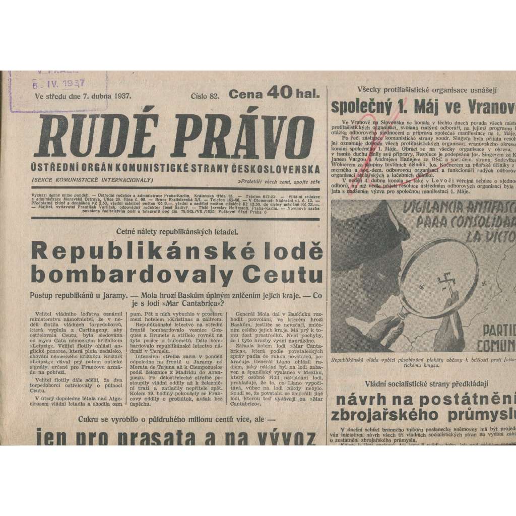 Rudé právo (7.4.1937) - 1. republika, staré noviny