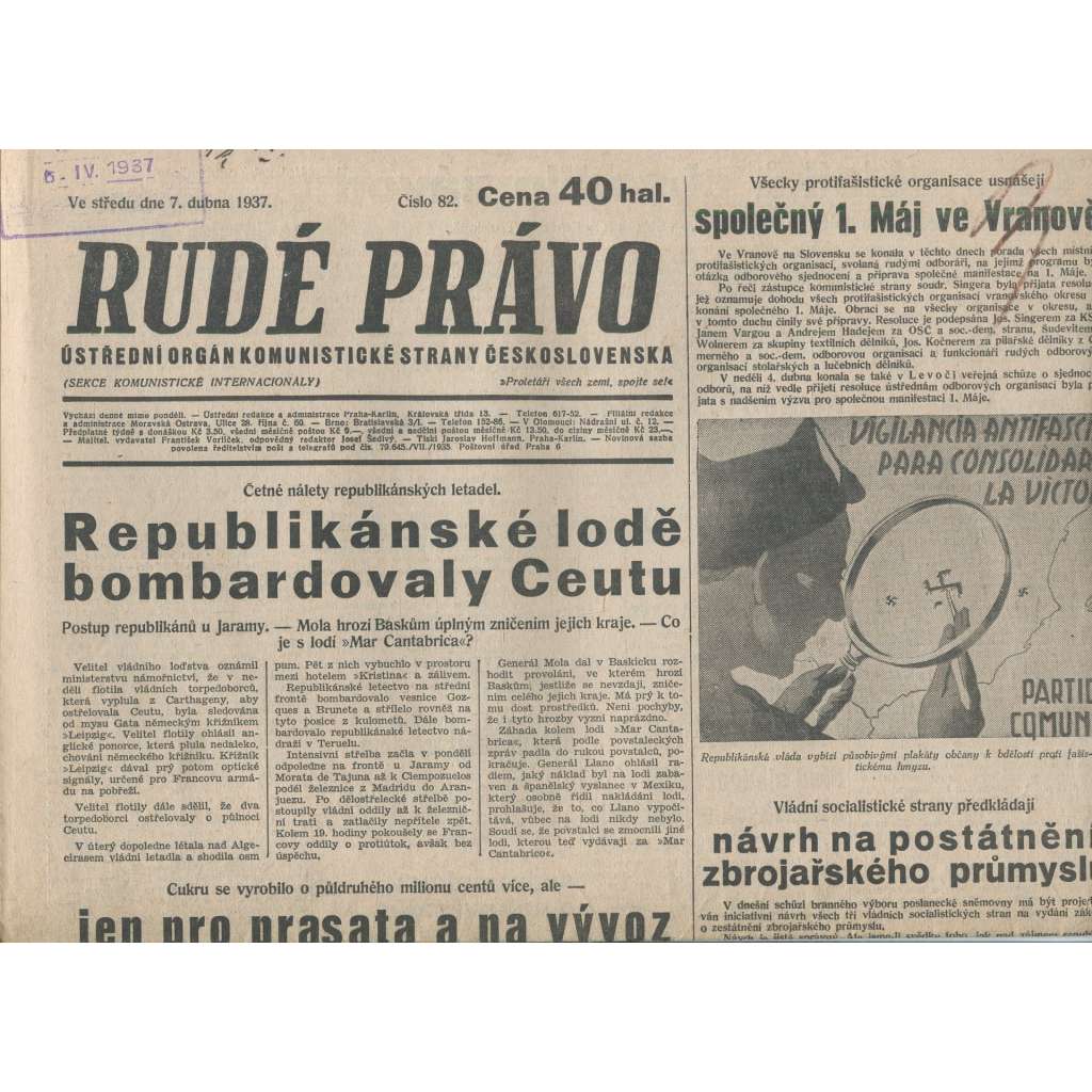 Rudé právo (7.4.1937) - 1. republika, staré noviny