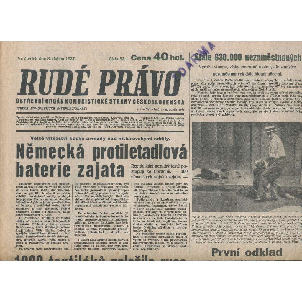 Rudé právo (8.4.1937) - 1. republika, staré noviny