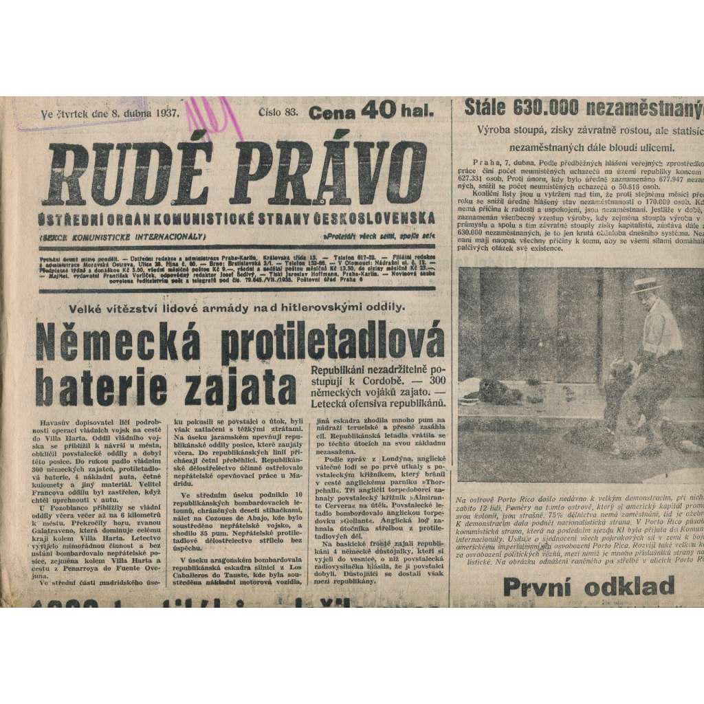 Rudé právo (8.4.1937) - 1. republika, staré noviny