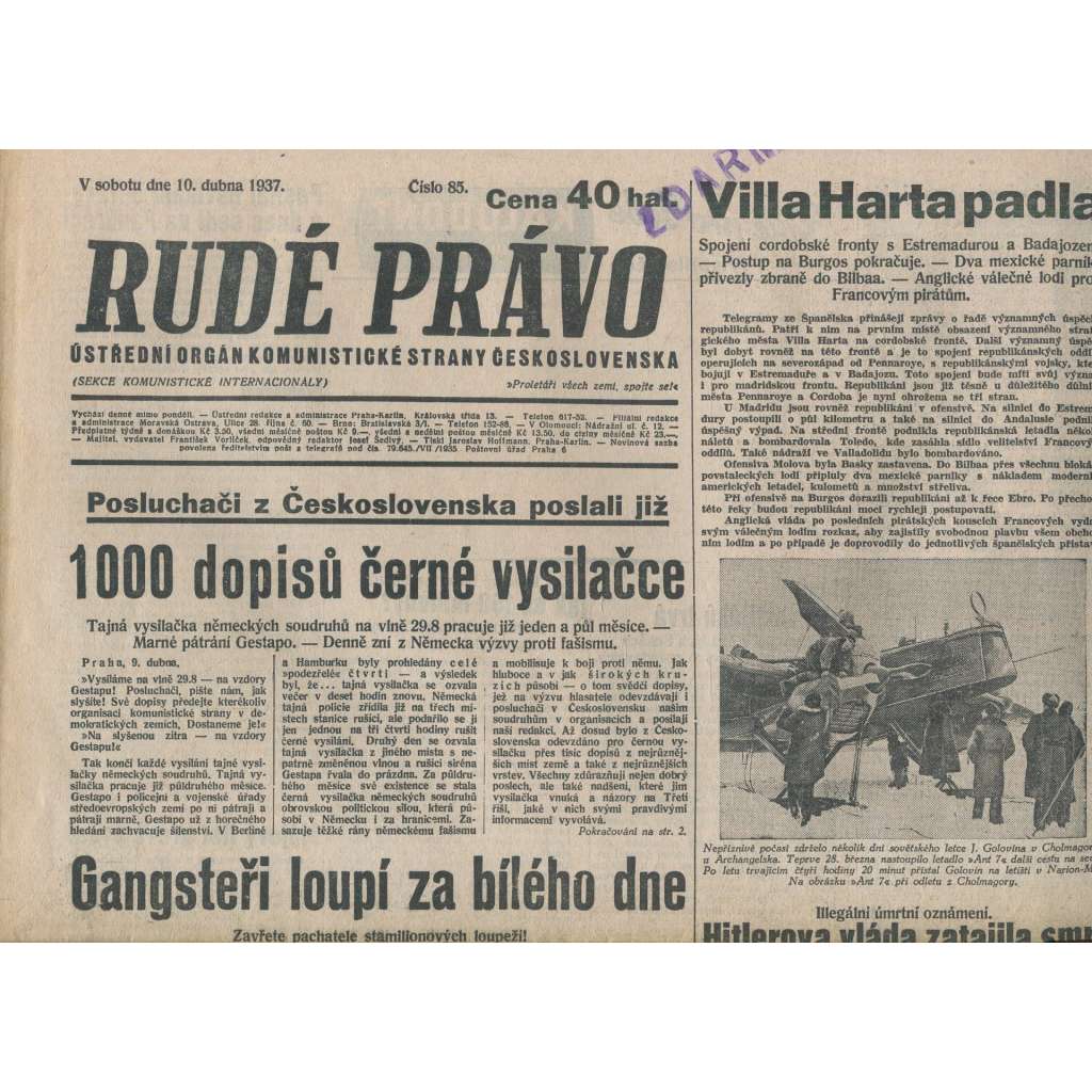 Rudé právo (10.4.1937) - 1. republika, staré noviny