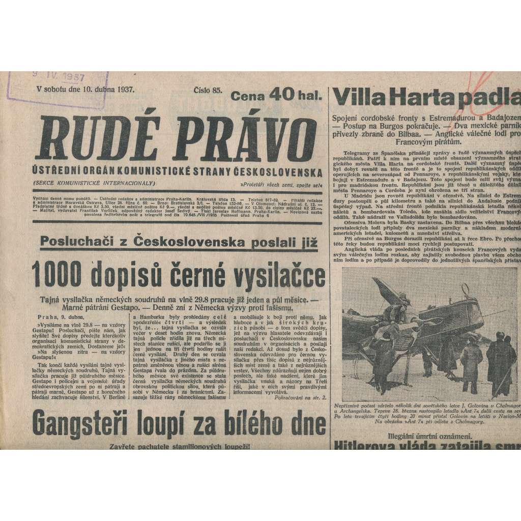 Rudé právo (10.4.1937) - 1. republika, staré noviny