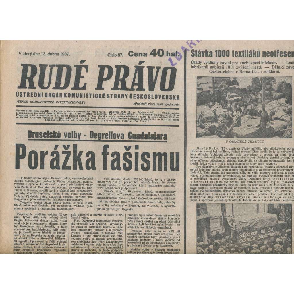 Rudé právo (13.4.1937) - 1. republika, staré noviny