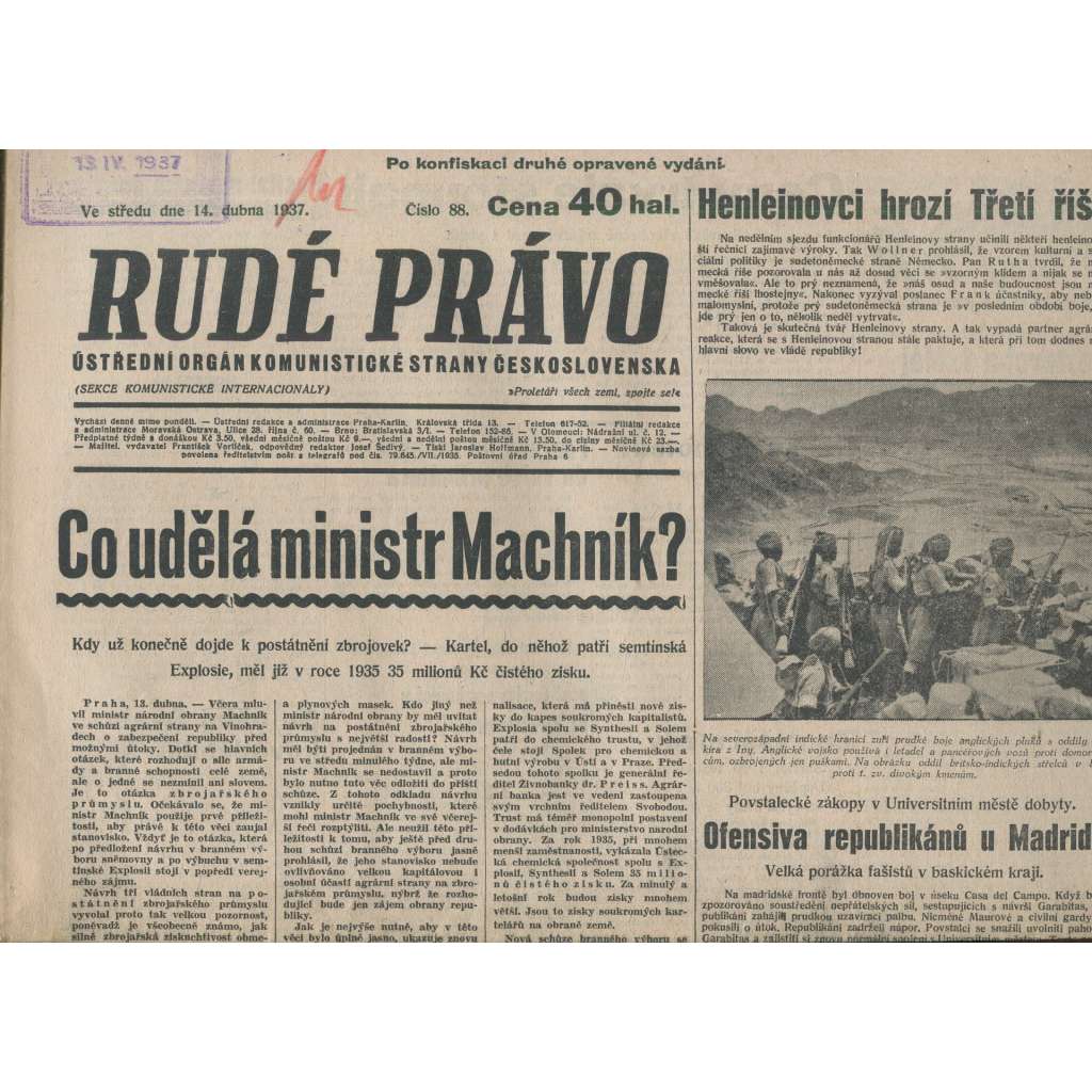 Rudé právo (14.4.1937) - 1. republika, staré noviny