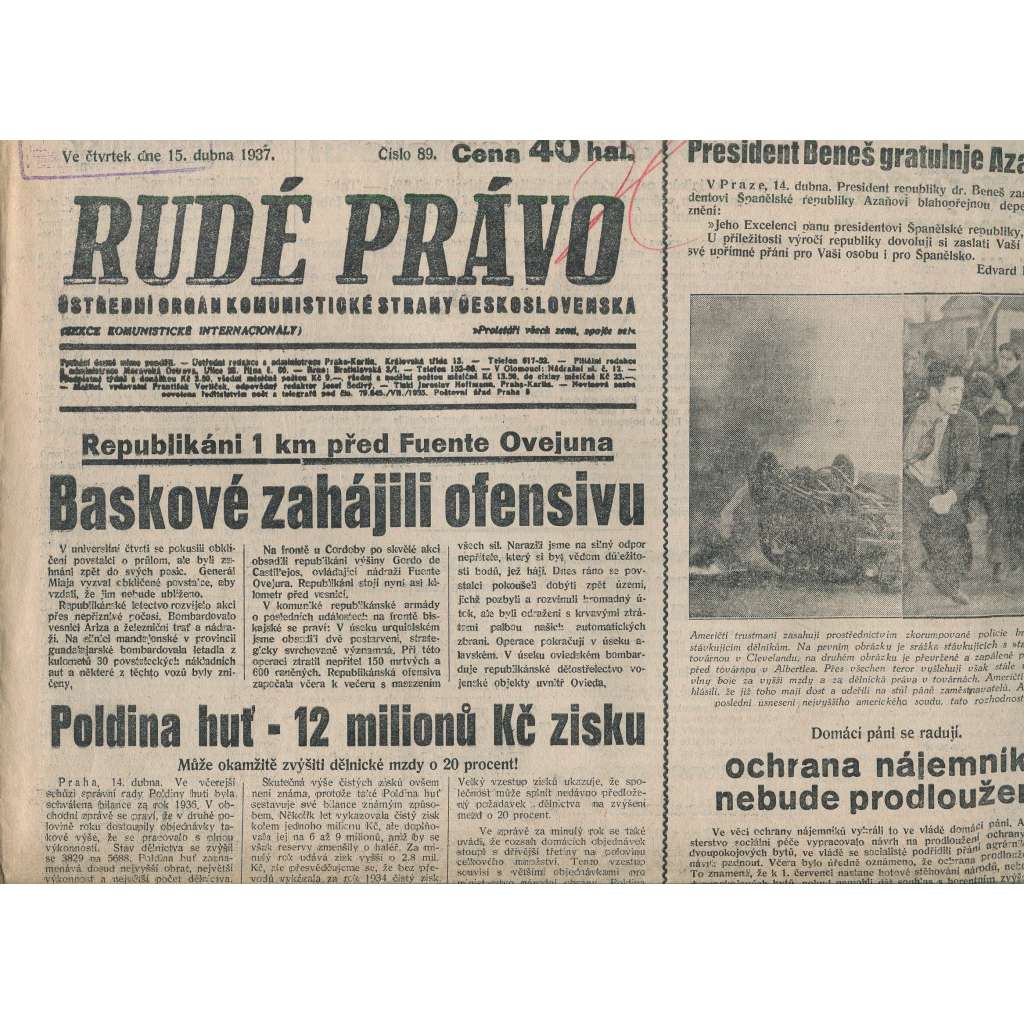 Rudé právo (15.4.1937) - 1. republika, staré noviny