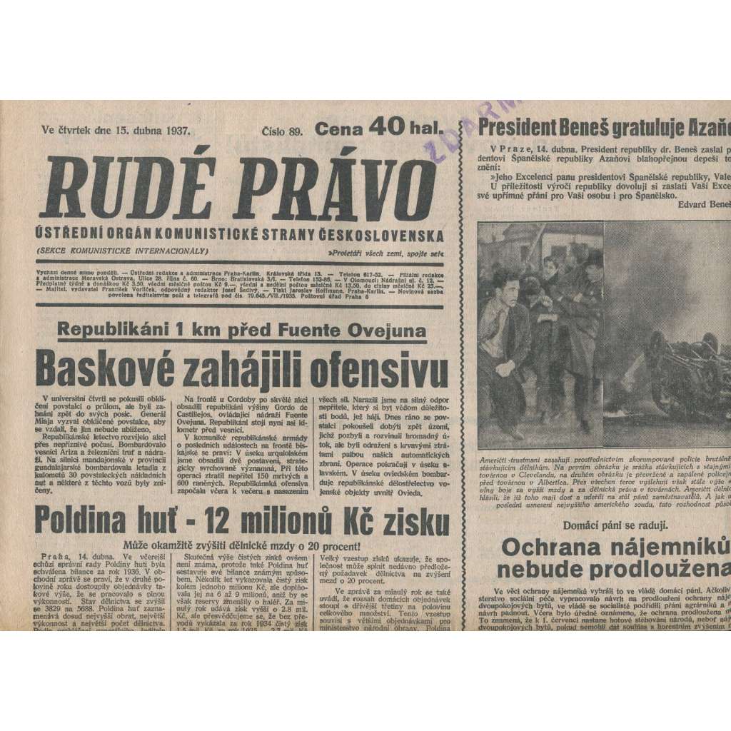 Rudé právo (15.4.1937) - 1. republika, staré noviny