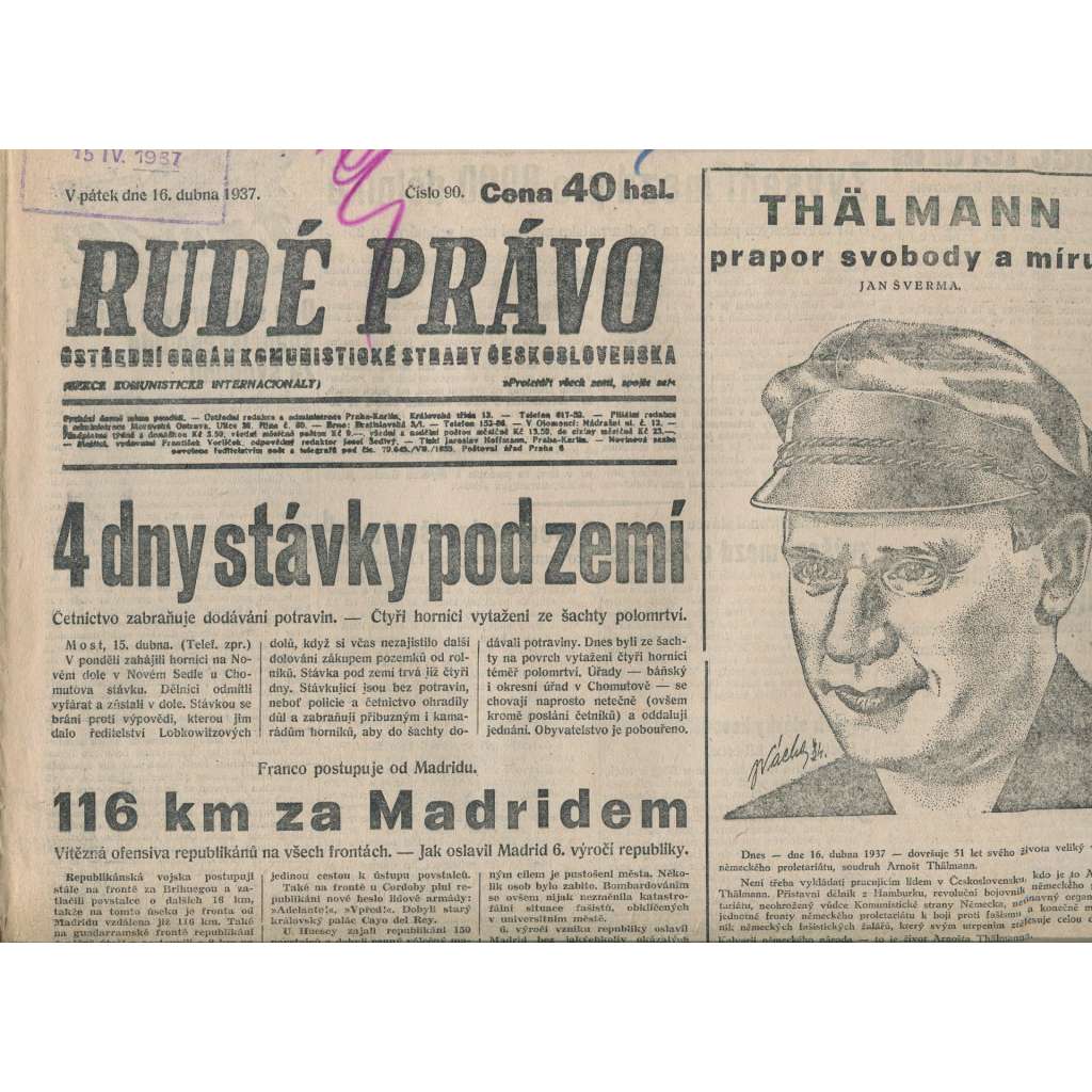 Rudé právo (16.4.1937) - 1. republika, staré noviny