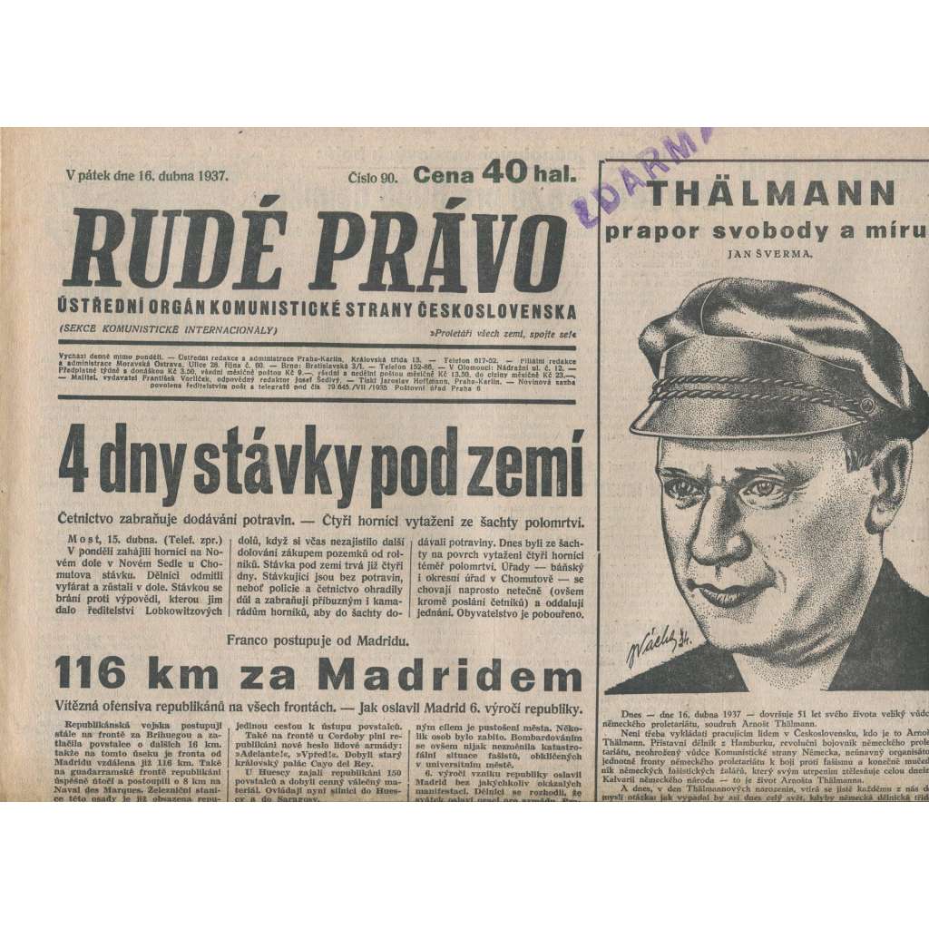 Rudé právo (16.4.1937) - 1. republika, staré noviny