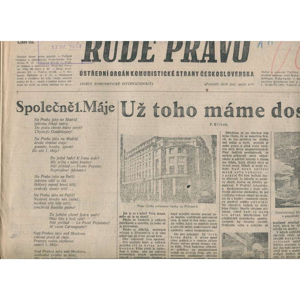 Rudé právo (18.4.1937) - 1. republika, staré noviny