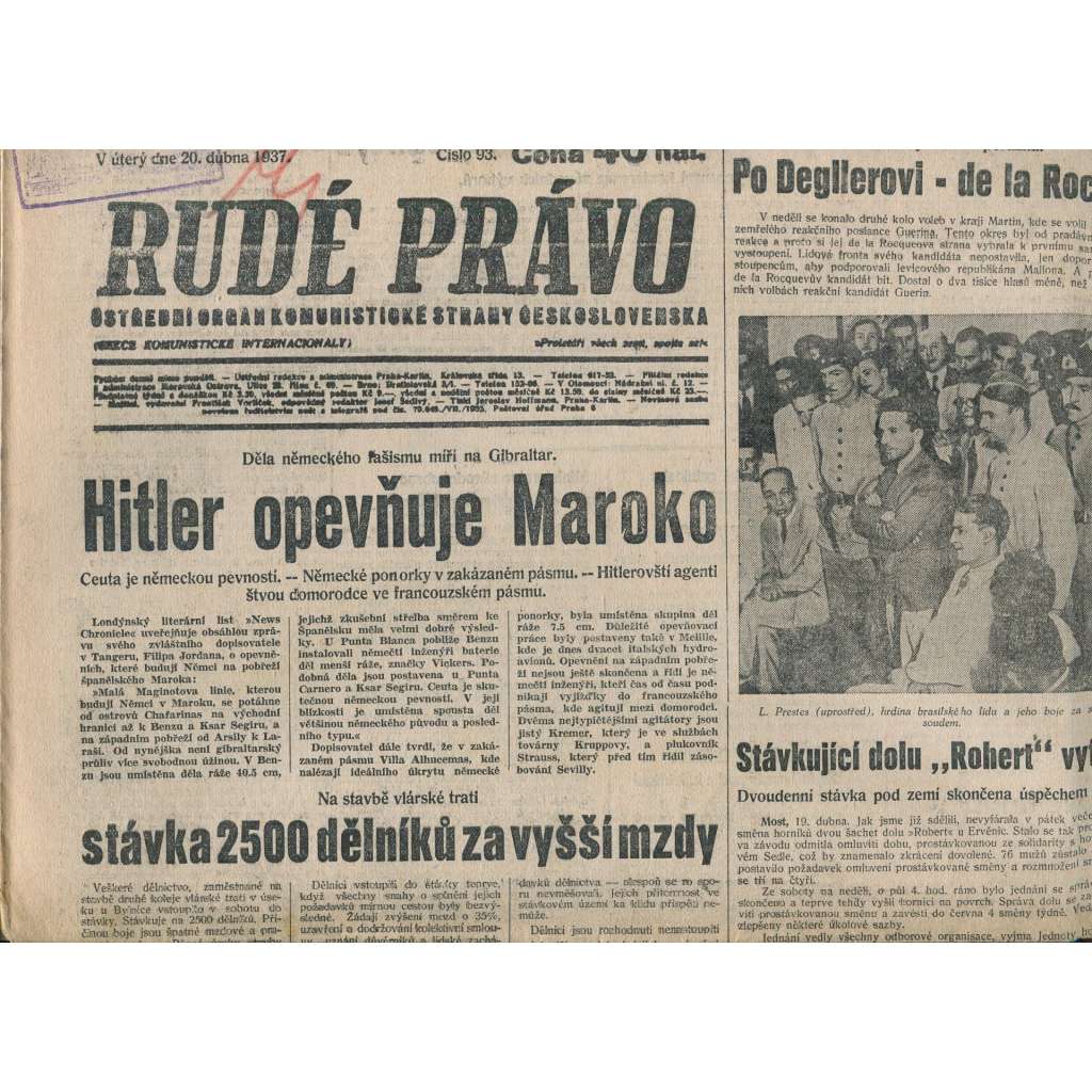 Rudé právo (20.4.1937) - 1. republika, staré noviny