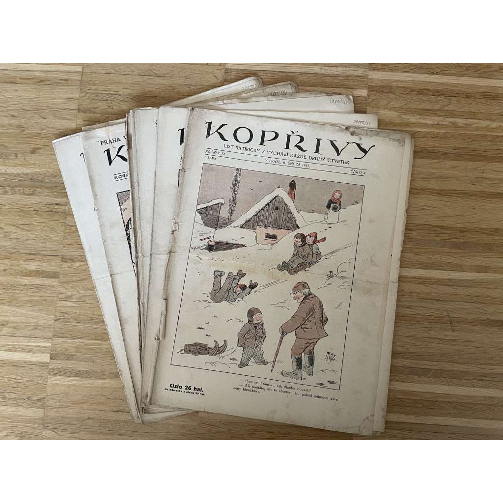 Kopřivy, ročník IX., číslo 3, 5, 6, 9 a 13-18/1917 (časopis, noviny) List satirický (ilustrace Josef Lada)