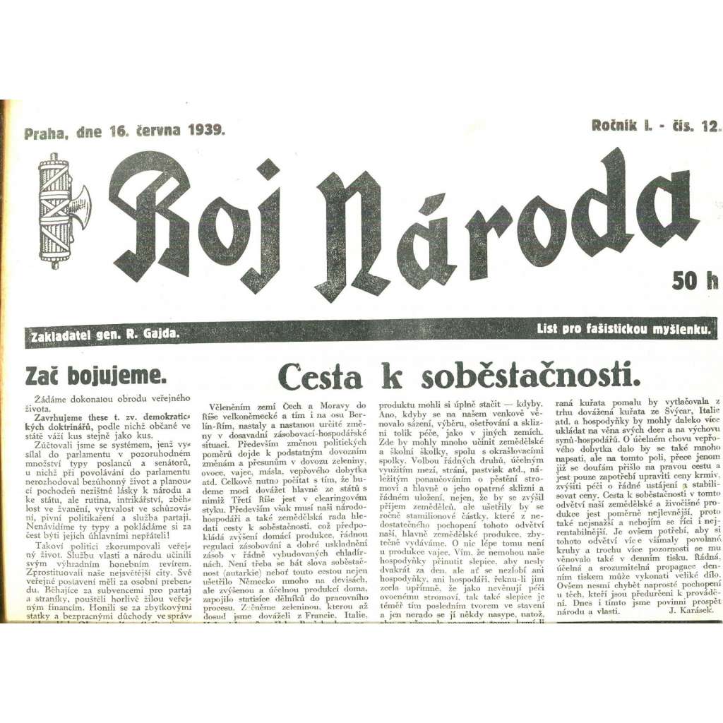 Boj národa, ročník I., číslo 12/1939. List pro fašistickou myšlenku (R. Gajda) noviny