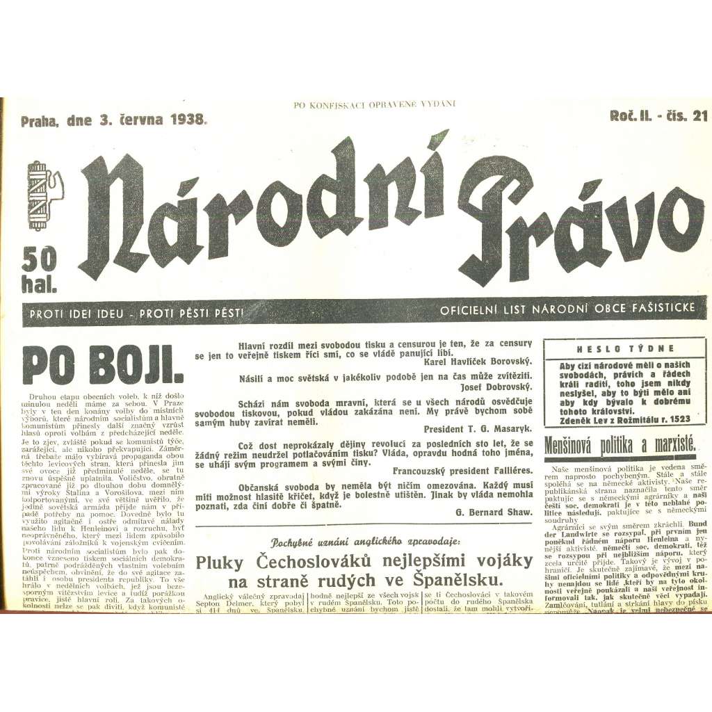 Národní právo, ročník II., číslo 21/1938. Oficielní list národní obce fašistické (noviny)