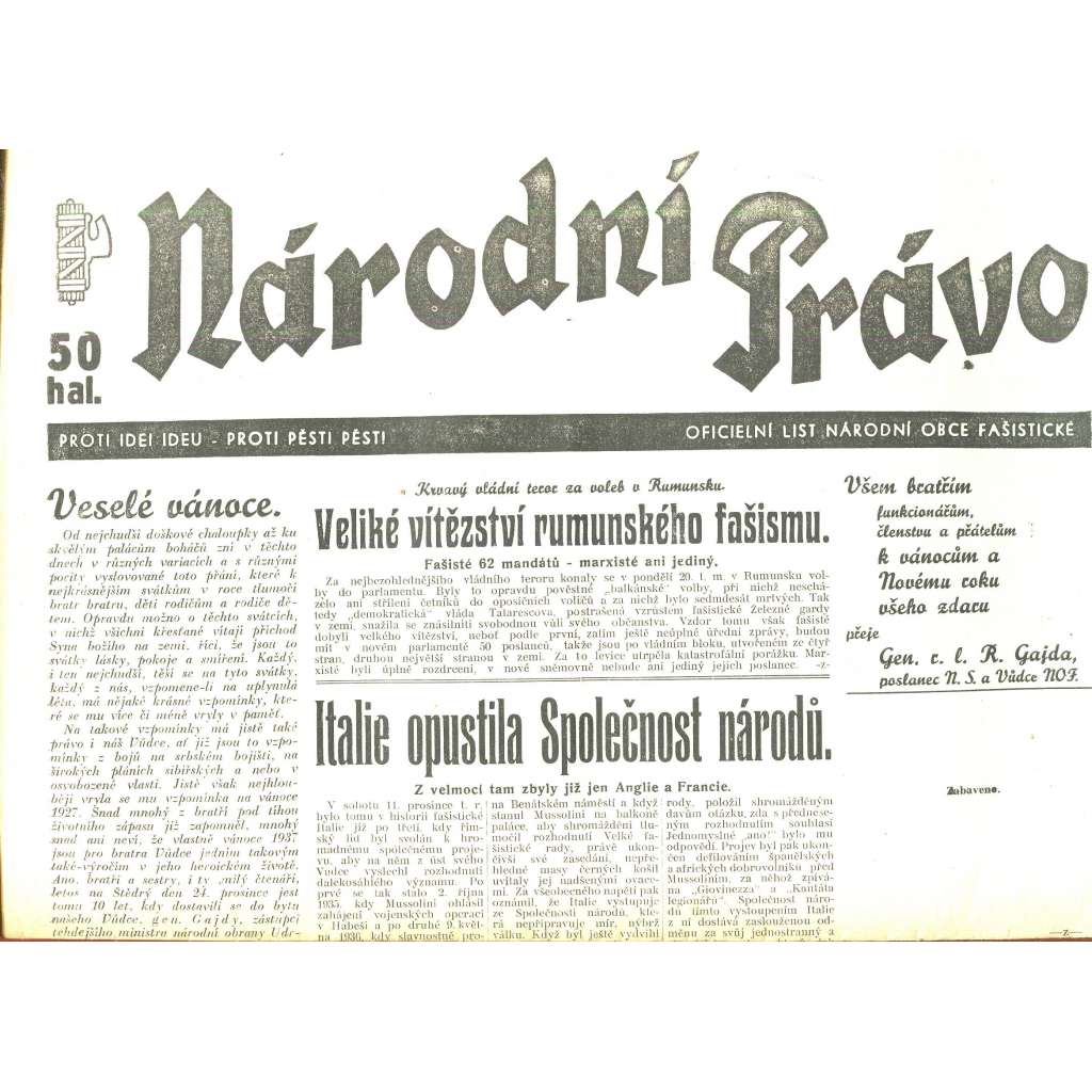 Národní právo, ročník I., číslo 44-45/1937. Oficielní list národní obce fašistické (noviny)