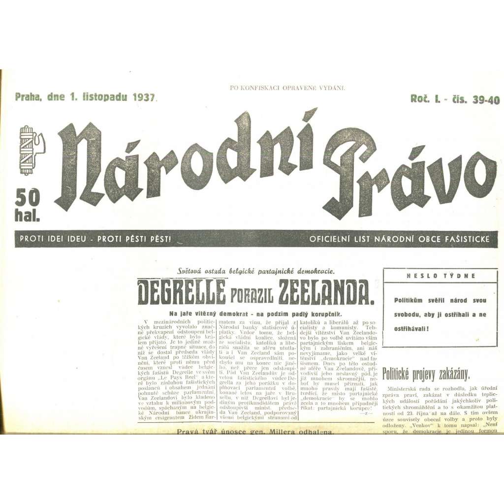 Národní právo, ročník I., číslo 39-40/1937. Oficielní list národní obce fašistické (noviny)