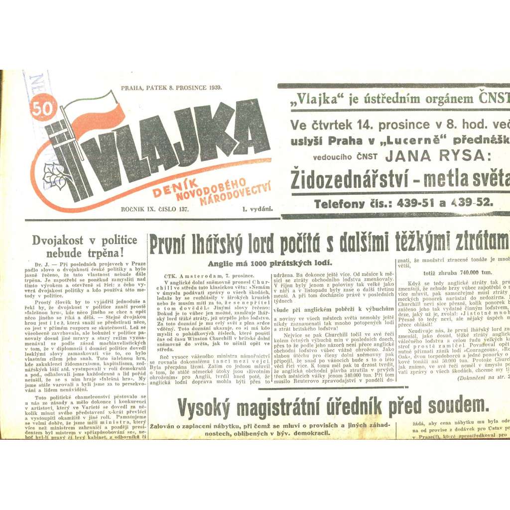 Vlajka, ročník IX., číslo 137/1939. Deník nového národovectví (noviny, kolaborace, Protektorát)