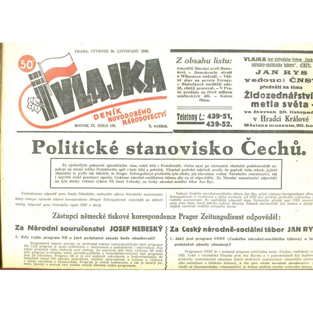 Vlajka, ročník IX., číslo 130/1939. Deník nového národovectví (noviny, kolaborace, Protektorát)
