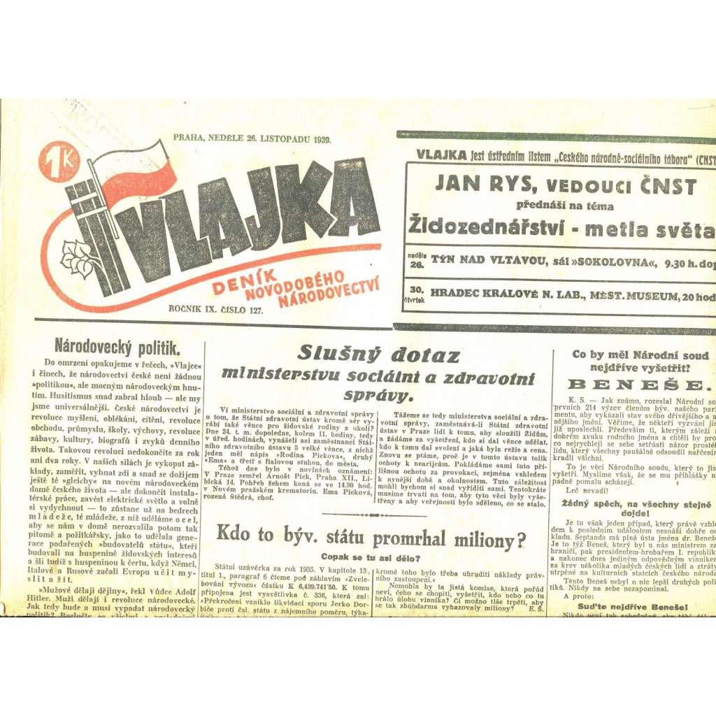Vlajka, ročník IX., číslo 127/1939. Deník nového národovectví (noviny, kolaborace, Protektorát)