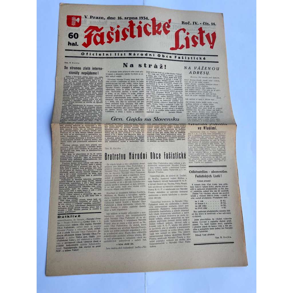 Fašistické listy, ročník IV., číslo 14/1934. Oficielní list Národní obce fašistické (noviny, pravicová literatura, 1. republika)