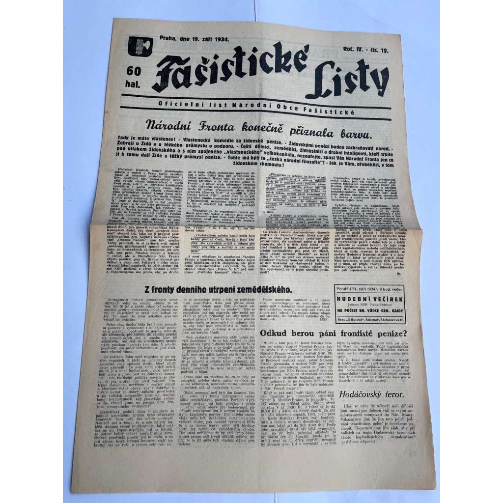 Fašistické listy, ročník IV., číslo 19/1934. Oficielní list Národní obce fašistické (noviny, pravicová literatura, 1. republika)