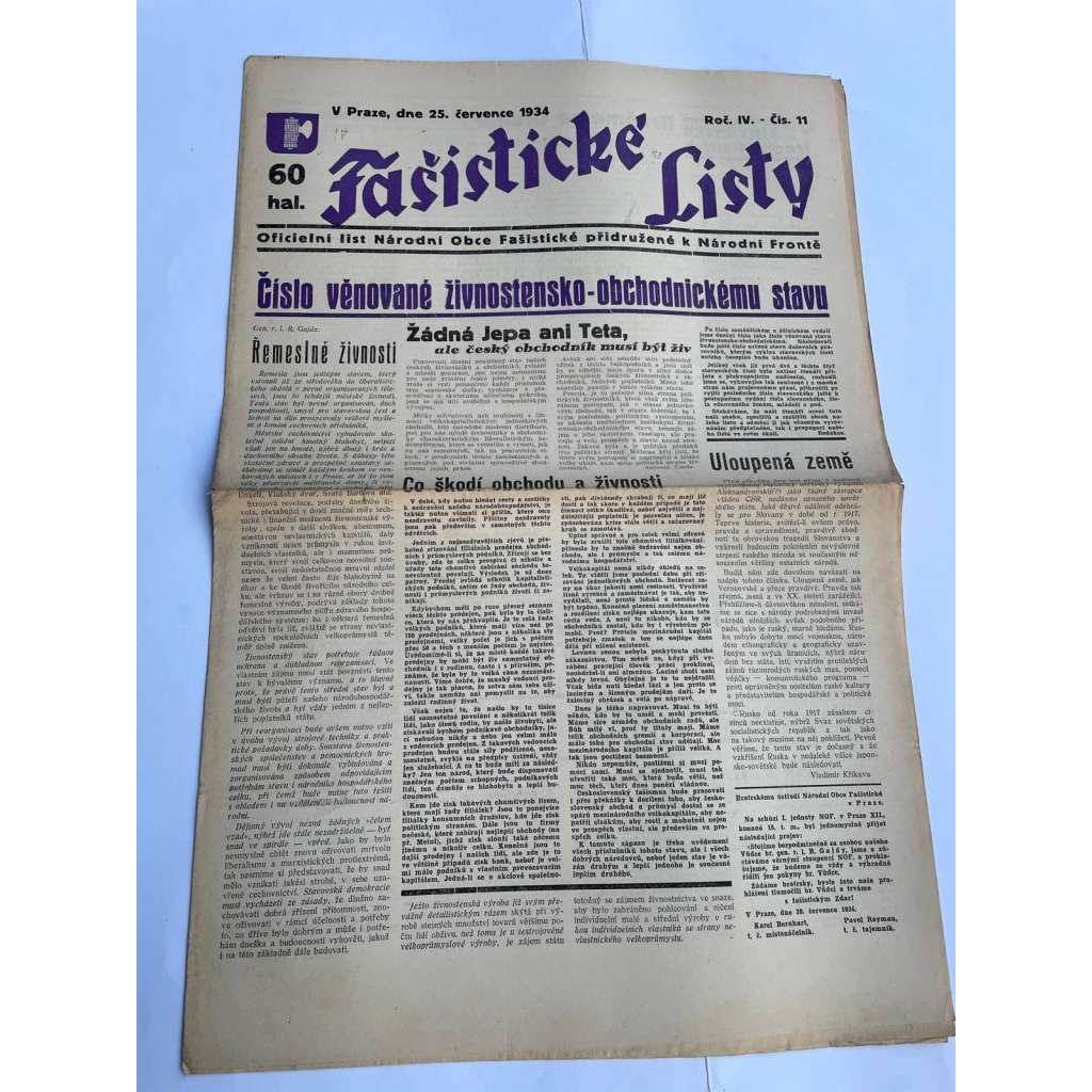 Fašistické listy, ročník IV., číslo 11/1934. Oficielní list Národní obce fašistické (noviny, pravicová literatura, 1. republika)