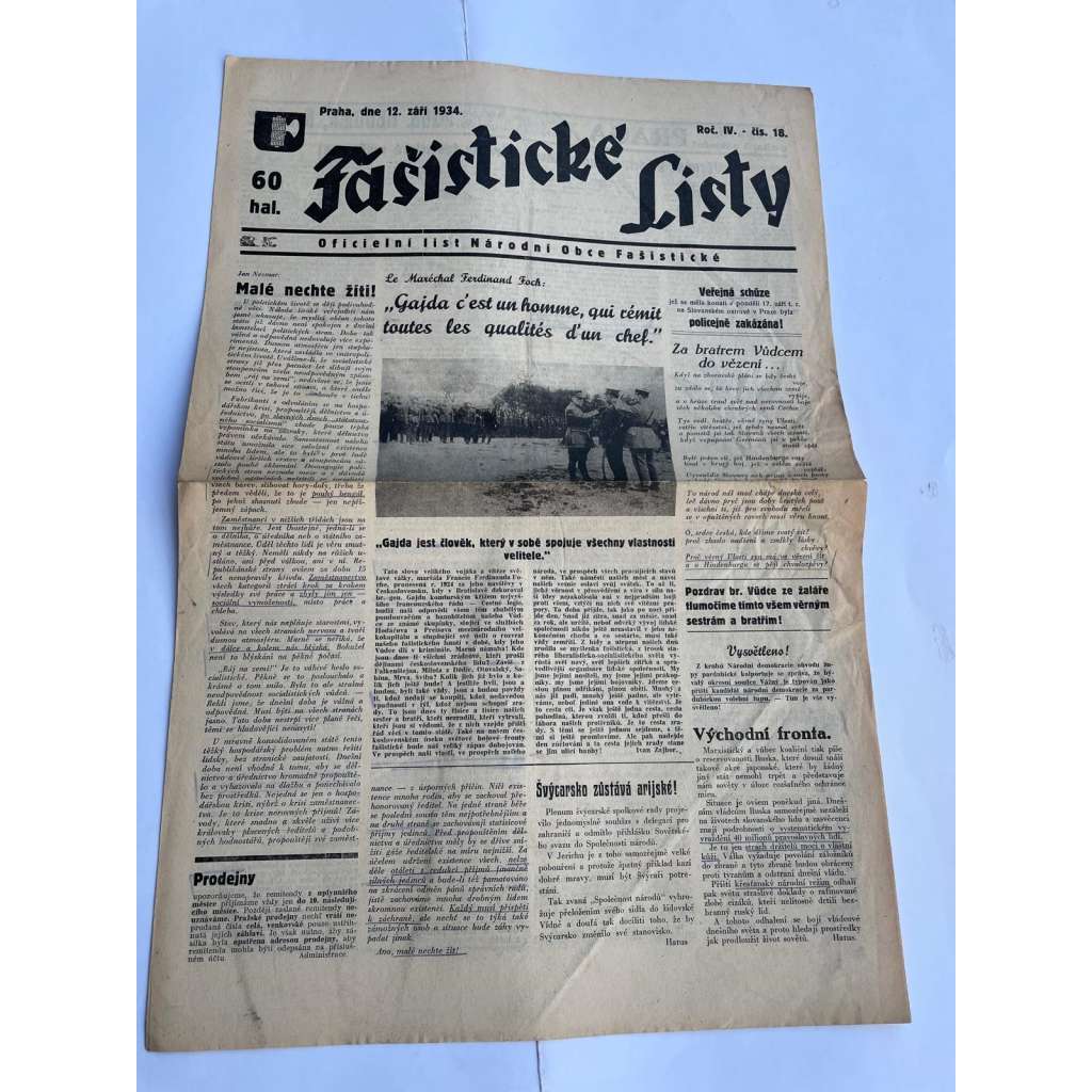 Fašistické listy, ročník IV., číslo 18/1934. Oficielní list Národní obce fašistické (noviny, pravicová literatura, 1. republika)