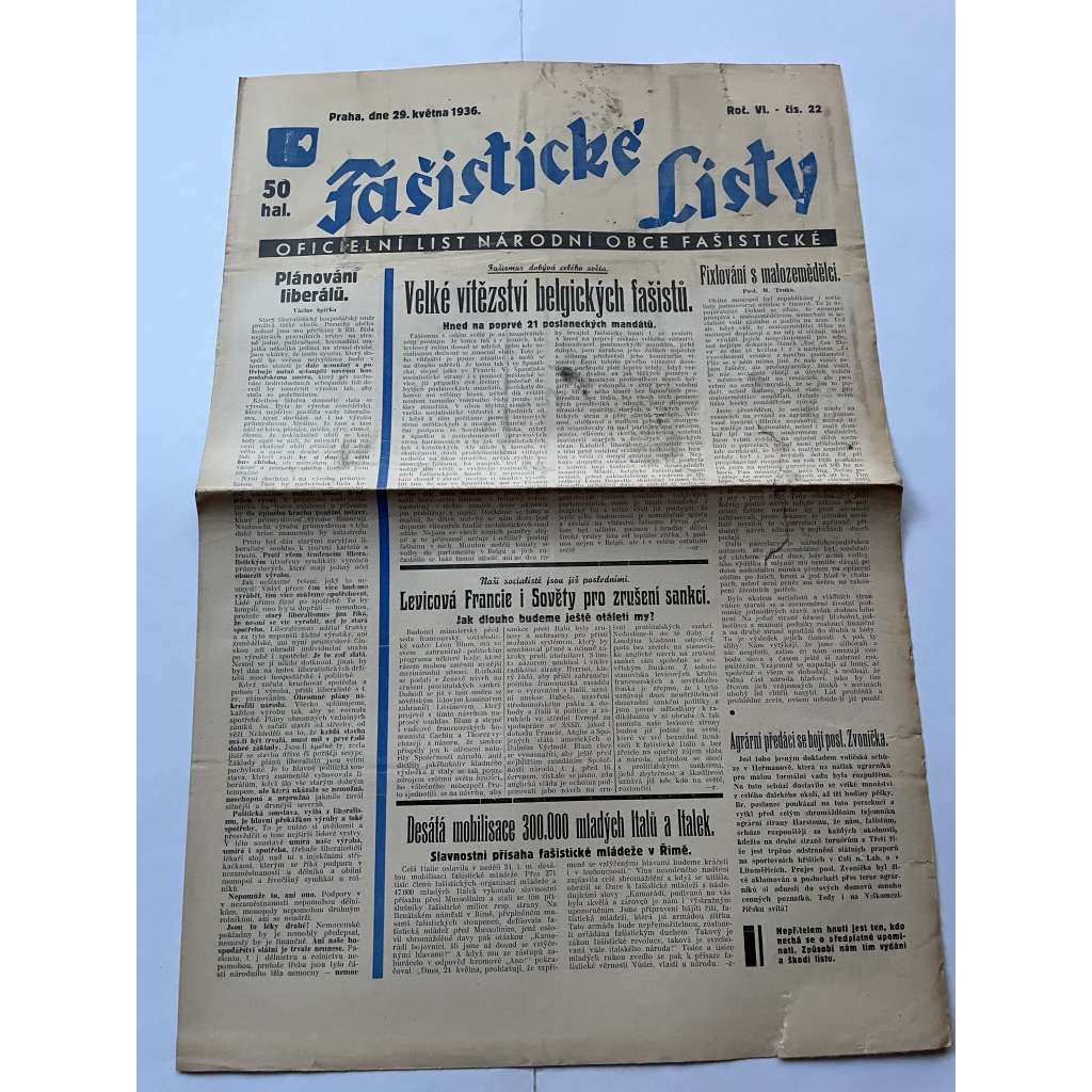 Fašistické listy, ročník VI., číslo 22/1936. Oficielní list Národní obce fašistické (noviny, pravicová literatura, 1. republika)