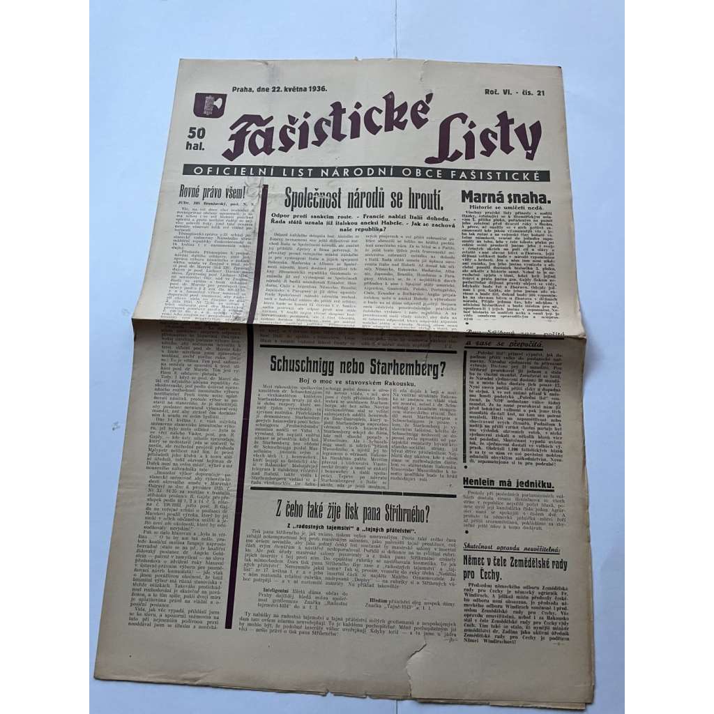 Fašistické listy, ročník VI., číslo 21/1936. Oficielní list Národní obce fašistické (noviny, pravicová literatura, 1. republika)