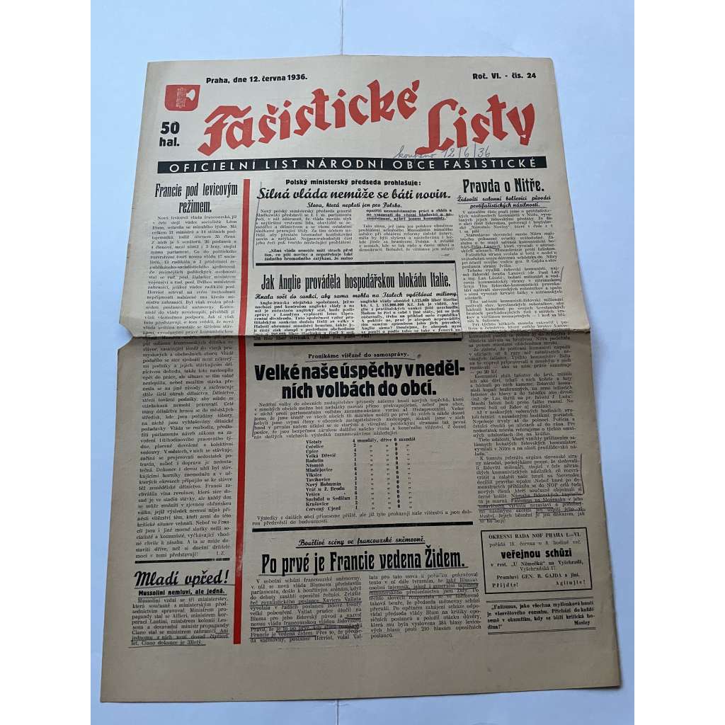 Fašistické listy, ročník VI., číslo 24/1936. Oficielní list Národní obce fašistické (noviny, pravicová literatura, 1. republika)