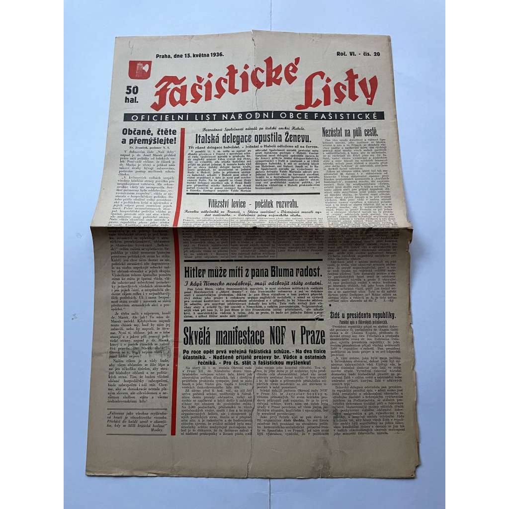 Fašistické listy, ročník VI., číslo 20/1936. Oficielní list Národní obce fašistické (noviny, pravicová literatura, 1. republika)